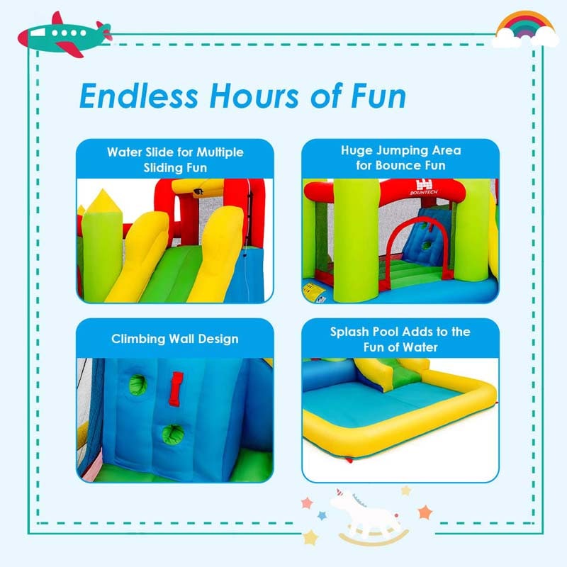 5-in-1 Kids Inflatable Water Slide Bounce House Water Park with 480W Air Blower, Trampoline, Large Splash Pool & Climbing Wall for Backyard Fun