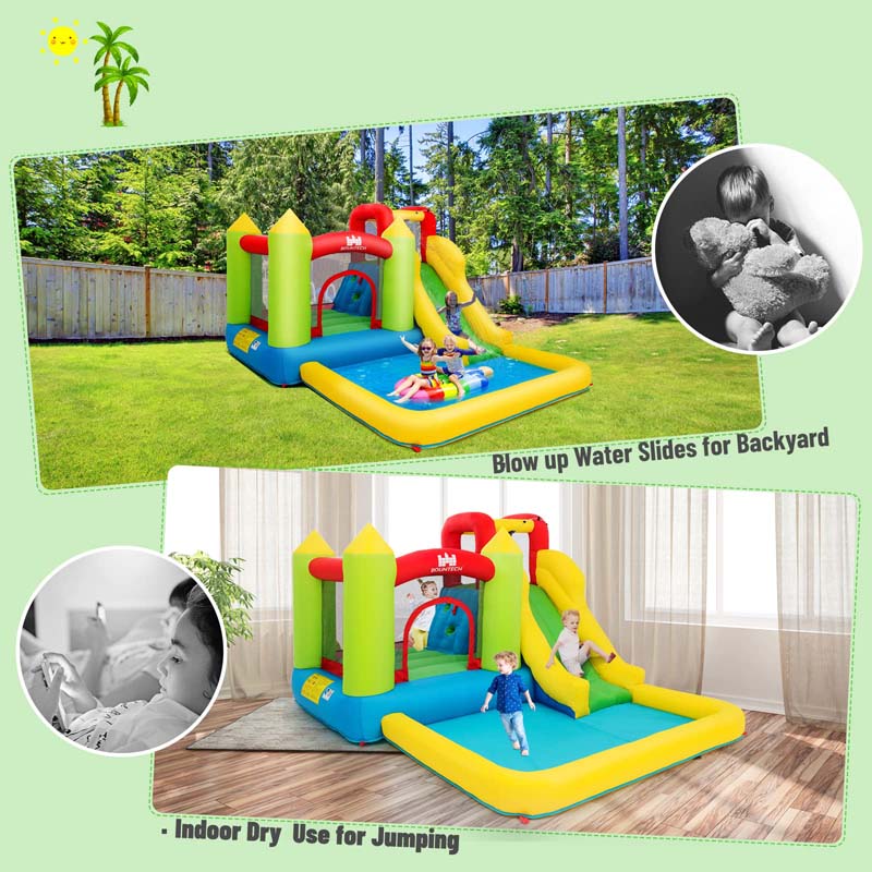 5-in-1 Kids Inflatable Water Slide Bounce House Water Park with 480W Air Blower, Trampoline, Large Splash Pool & Climbing Wall for Backyard Fun
