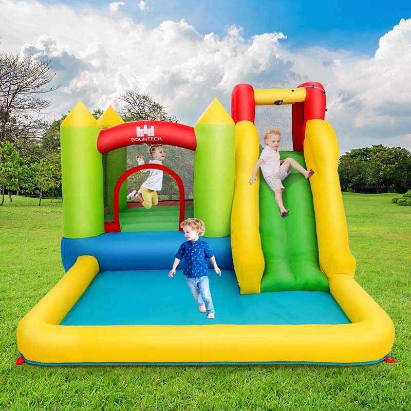 5-in-1 Kids Inflatable Water Slide Bounce House Water Park with 480W Air Blower, Trampoline, Large Splash Pool & Climbing Wall for Backyard Fun
