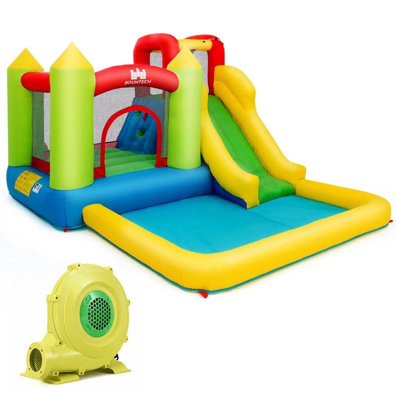 5-in-1 Kids Inflatable Water Slide Bounce House Water Park with 480W Air Blower, Trampoline, Large Splash Pool & Climbing Wall for Backyard Fun