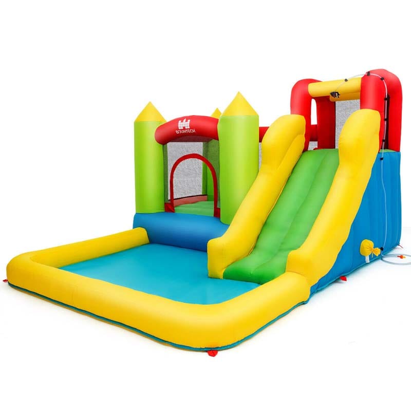 5-in-1 Kids Inflatable Water Slide Bounce House Water Park with 480W Air Blower, Trampoline, Large Splash Pool & Climbing Wall for Backyard Fun