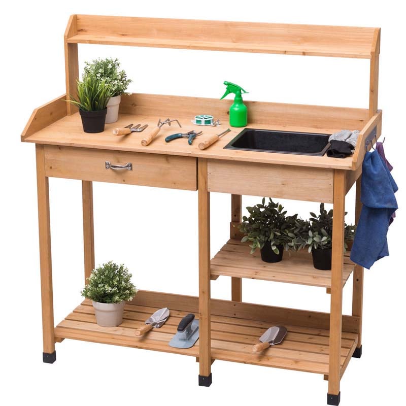 Outdoor Patio Potting Bench Table with Sink, Drawer, Shelves & Hooks, Fir Wood Garden Work Bench Workstation