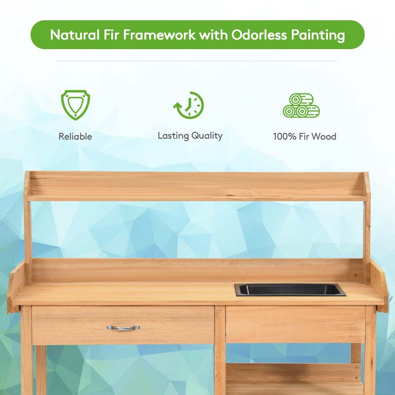 Outdoor Patio Potting Bench Table with Sink, Drawer, Shelves & Hooks, Fir Wood Garden Work Bench Workstation