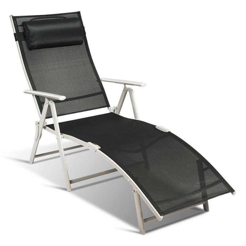 Folding Outdoor Chaise Lounge Chair, 7-Position Adjustable Reclining Pool Beach Chair Patio Sun Lounger with Removable Cushion & Pillow