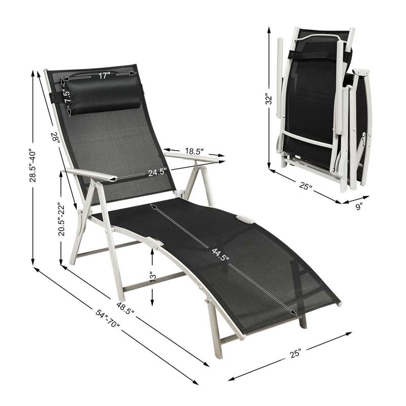 Folding Outdoor Chaise Lounge Chair, 7-Position Adjustable Reclining Pool Beach Chair Patio Sun Lounger with Removable Cushion & Pillow