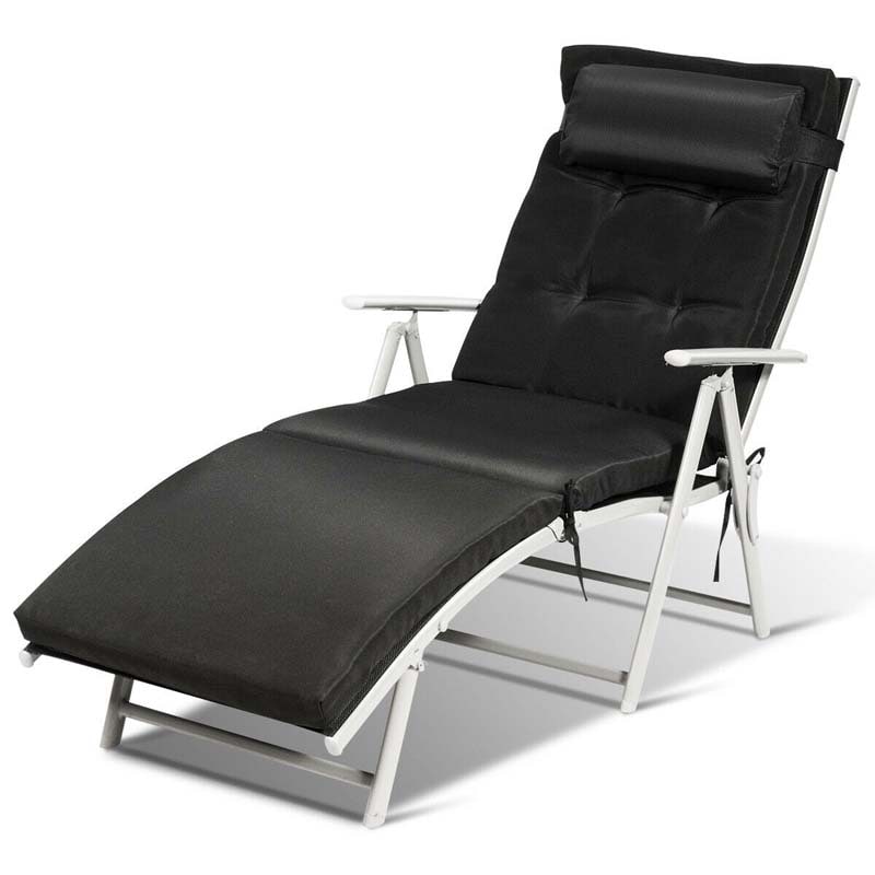 Folding Outdoor Chaise Lounge Chair, 7-Position Adjustable Reclining Pool Beach Chair Patio Sun Lounger with Removable Cushion & Pillow