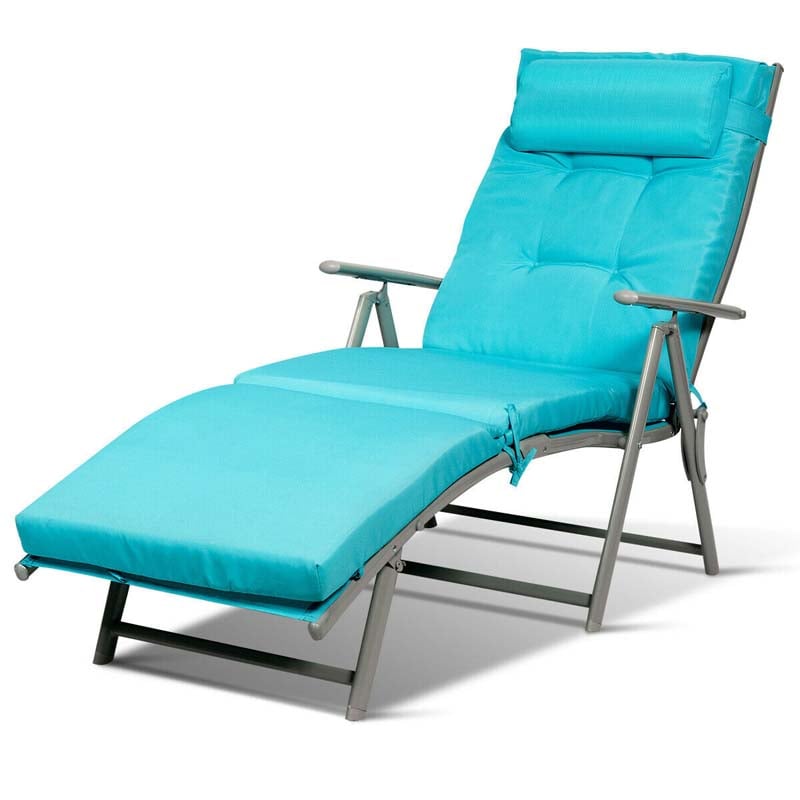 Folding Outdoor Chaise Lounge Chair, 7-Position Adjustable Reclining Pool Beach Chair Patio Sun Lounger with Removable Cushion & Pillow