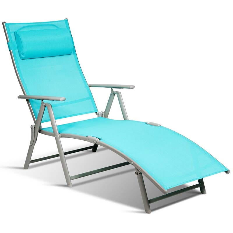 Folding Outdoor Chaise Lounge Chair, 7-Position Adjustable Reclining Pool Beach Chair Patio Sun Lounger with Removable Cushion & Pillow