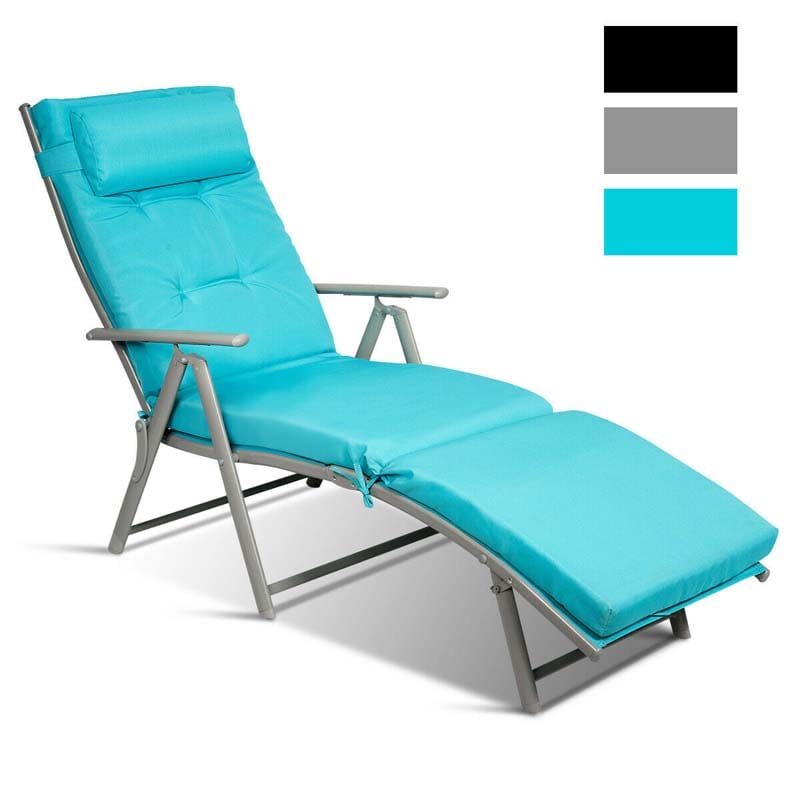 Folding Outdoor Chaise Lounge Chair, 7-Position Adjustable Reclining Pool Beach Chair Patio Sun Lounger with Removable Cushion & Pillow