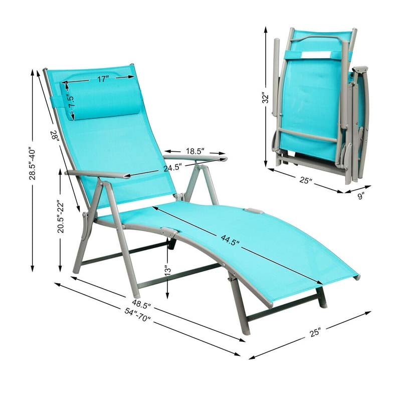 Folding Outdoor Chaise Lounge Chair, 7-Position Adjustable Reclining Pool Beach Chair Patio Sun Lounger with Removable Cushion & Pillow