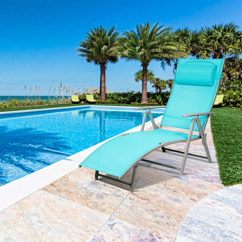 Folding Outdoor Chaise Lounge Chair, 7-Position Adjustable Reclining Pool Beach Chair Patio Sun Lounger with Removable Cushion & Pillow