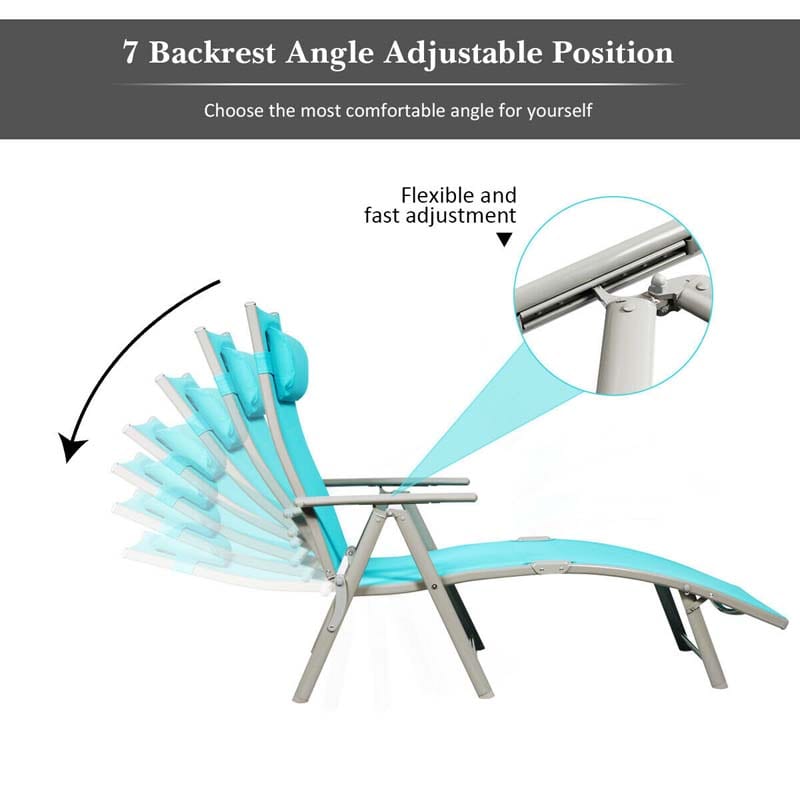 Folding Outdoor Chaise Lounge Chair, 7-Position Adjustable Reclining Pool Beach Chair Patio Sun Lounger with Removable Cushion & Pillow