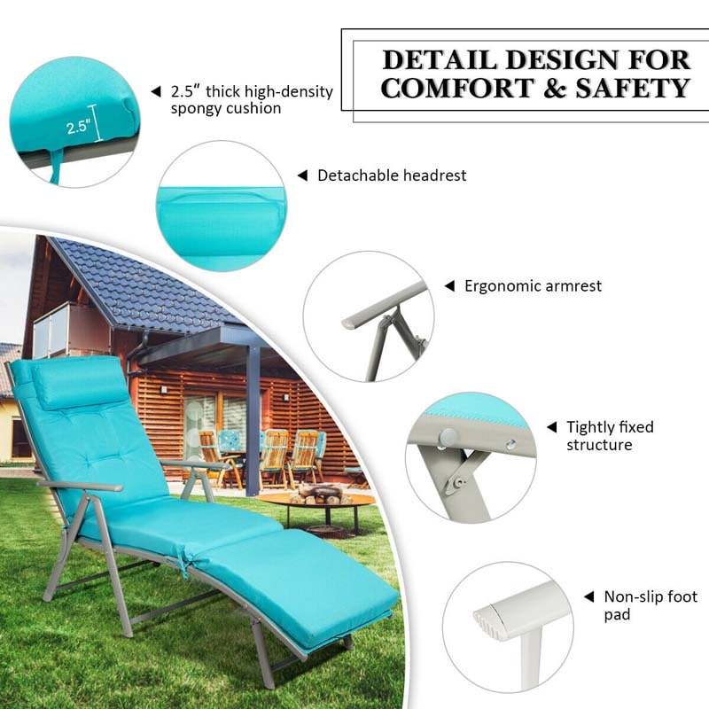 Folding Outdoor Chaise Lounge Chair, 7-Position Adjustable Reclining Pool Beach Chair Patio Sun Lounger with Removable Cushion & Pillow