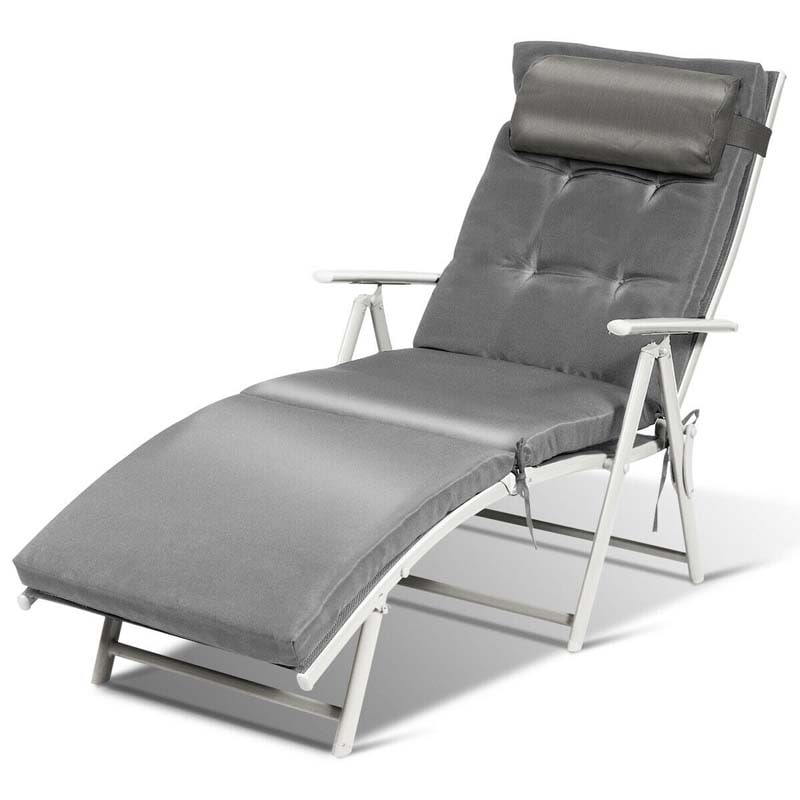 Folding Outdoor Chaise Lounge Chair, 7-Position Adjustable Reclining Pool Beach Chair Patio Sun Lounger with Removable Cushion & Pillow