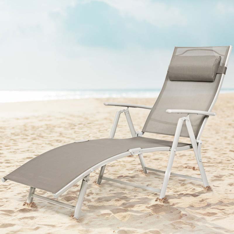 Folding Outdoor Chaise Lounge Chair, 7-Position Adjustable Reclining Pool Beach Chair Patio Sun Lounger with Removable Cushion & Pillow