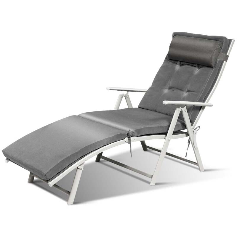 Folding Outdoor Chaise Lounge Chair, 7-Position Adjustable Reclining Pool Beach Chair Patio Sun Lounger with Removable Cushion & Pillow