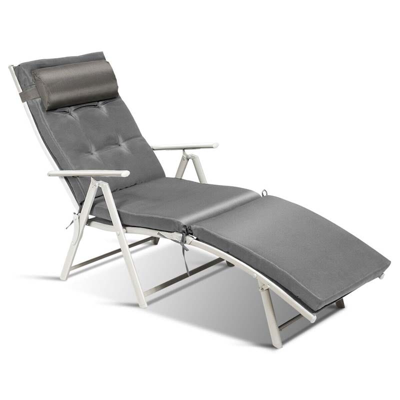 Folding Outdoor Chaise Lounge Chair, 7-Position Adjustable Reclining Pool Beach Chair Patio Sun Lounger with Removable Cushion & Pillow