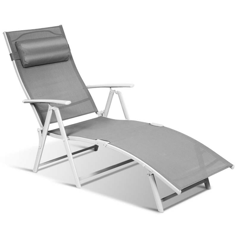 Folding Outdoor Chaise Lounge Chair, 7-Position Adjustable Reclining Pool Beach Chair Patio Sun Lounger with Removable Cushion & Pillow
