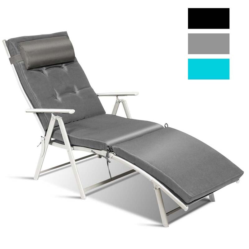 Folding Outdoor Chaise Lounge Chair, 7-Position Adjustable Reclining Pool Beach Chair Patio Sun Lounger with Removable Cushion & Pillow