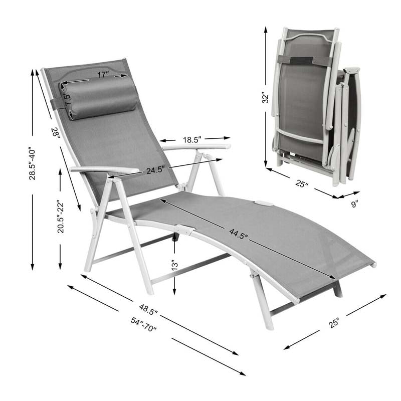 Folding Outdoor Chaise Lounge Chair, 7-Position Adjustable Reclining Pool Beach Chair Patio Sun Lounger with Removable Cushion & Pillow