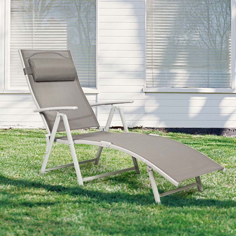 Folding Outdoor Chaise Lounge Chair, 7-Position Adjustable Reclining Pool Beach Chair Patio Sun Lounger with Removable Cushion & Pillow