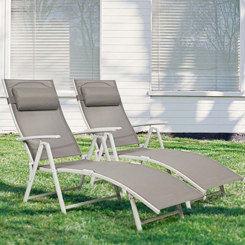 Folding Outdoor Chaise Lounge Chair, 7-Position Adjustable Reclining Pool Beach Chair Patio Sun Lounger with Removable Cushion & Pillow