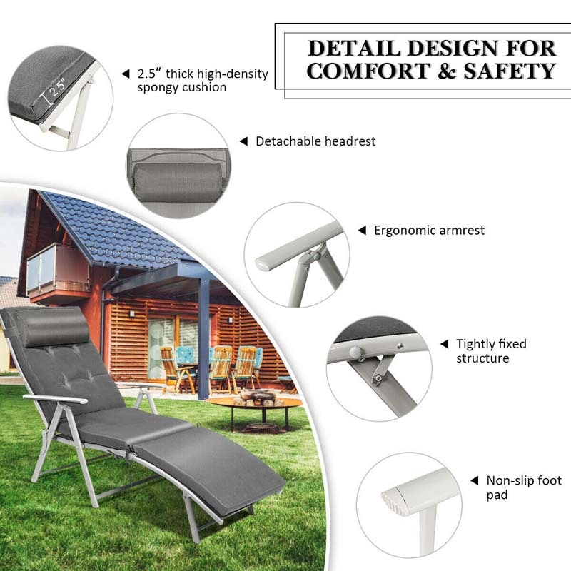 Folding Outdoor Chaise Lounge Chair, 7-Position Adjustable Reclining Pool Beach Chair Patio Sun Lounger with Removable Cushion & Pillow