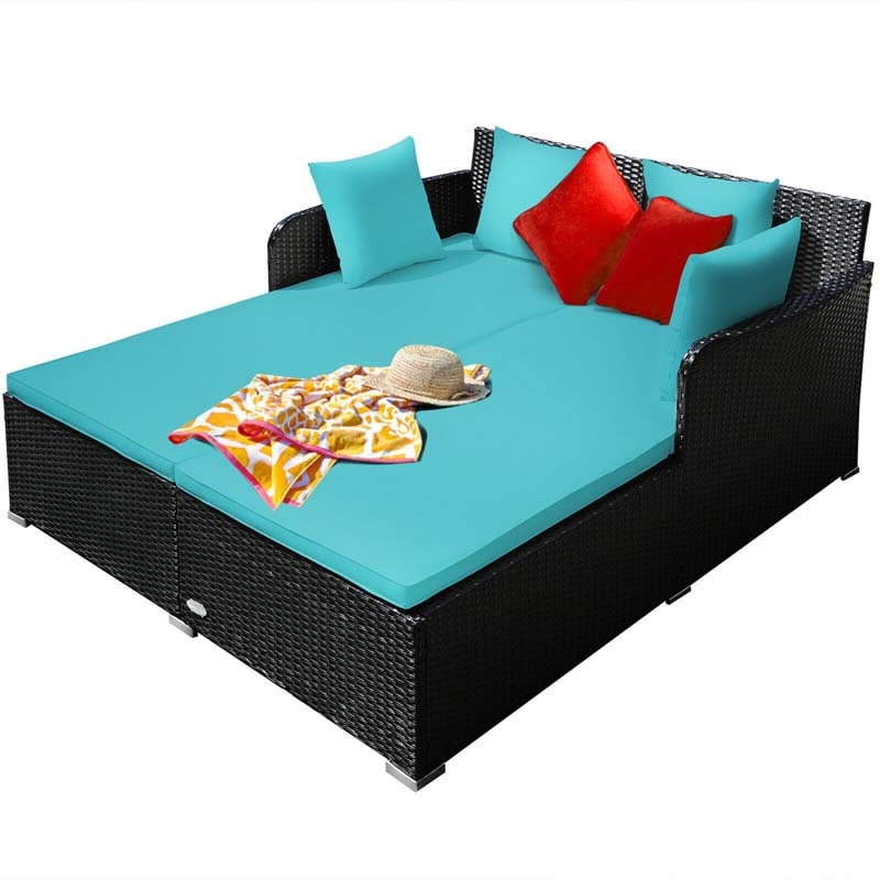 Outdoor Wicker Rattan Daybed, 2 Person Patio Chaise Lounge Chair with Cushions & 4 Pillows for Poolside Backyard Garden Balcony