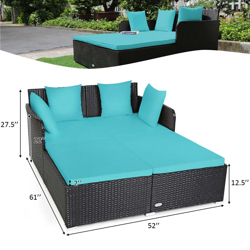 Outdoor Wicker Rattan Daybed, 2 Person Patio Chaise Lounge Chair with Cushions & 4 Pillows for Poolside Backyard Garden Balcony