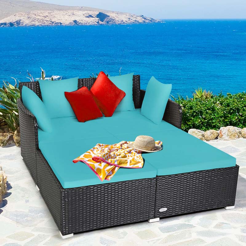 Outdoor Wicker Rattan Daybed, 2 Person Patio Chaise Lounge Chair with Cushions & 4 Pillows for Poolside Backyard Garden Balcony