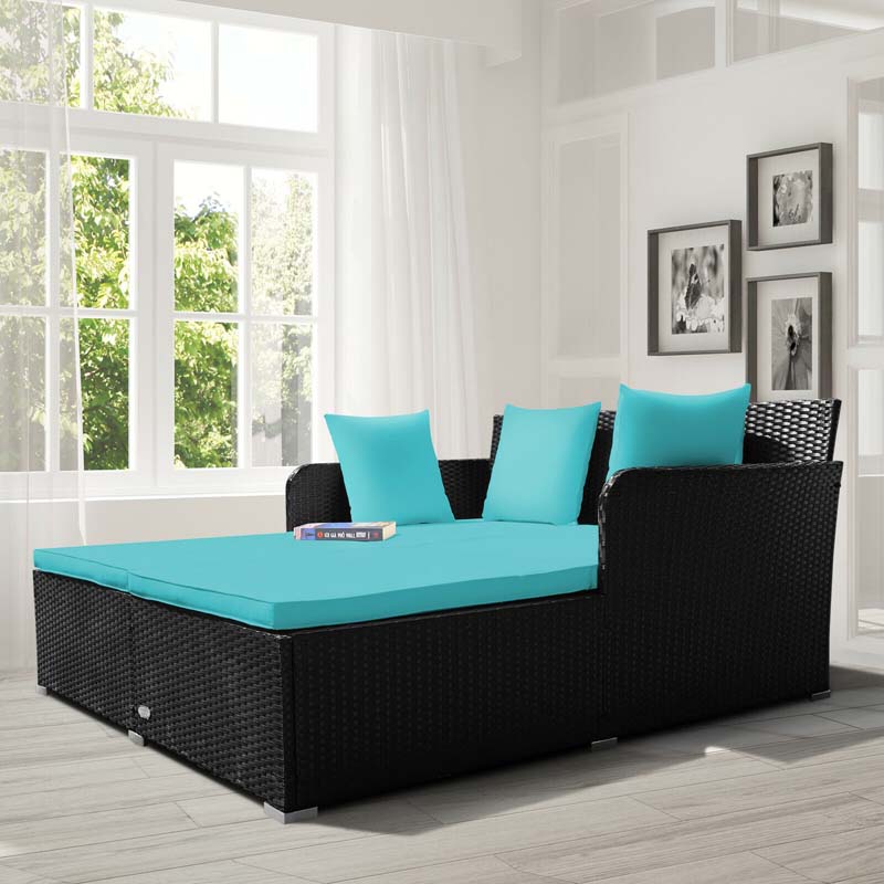 Outdoor Wicker Rattan Daybed, 2 Person Patio Chaise Lounge Chair with Cushions & 4 Pillows for Poolside Backyard Garden Balcony