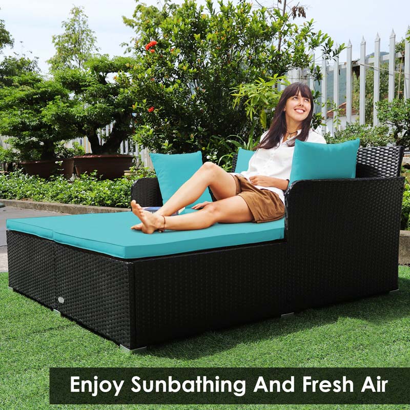 Outdoor Wicker Rattan Daybed, 2 Person Patio Chaise Lounge Chair with Cushions & 4 Pillows for Poolside Backyard Garden Balcony
