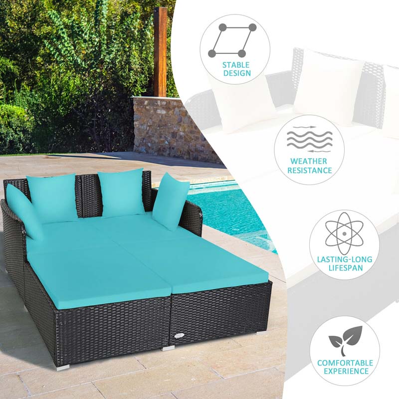 Outdoor Wicker Rattan Daybed, 2 Person Patio Chaise Lounge Chair with Cushions & 4 Pillows for Poolside Backyard Garden Balcony