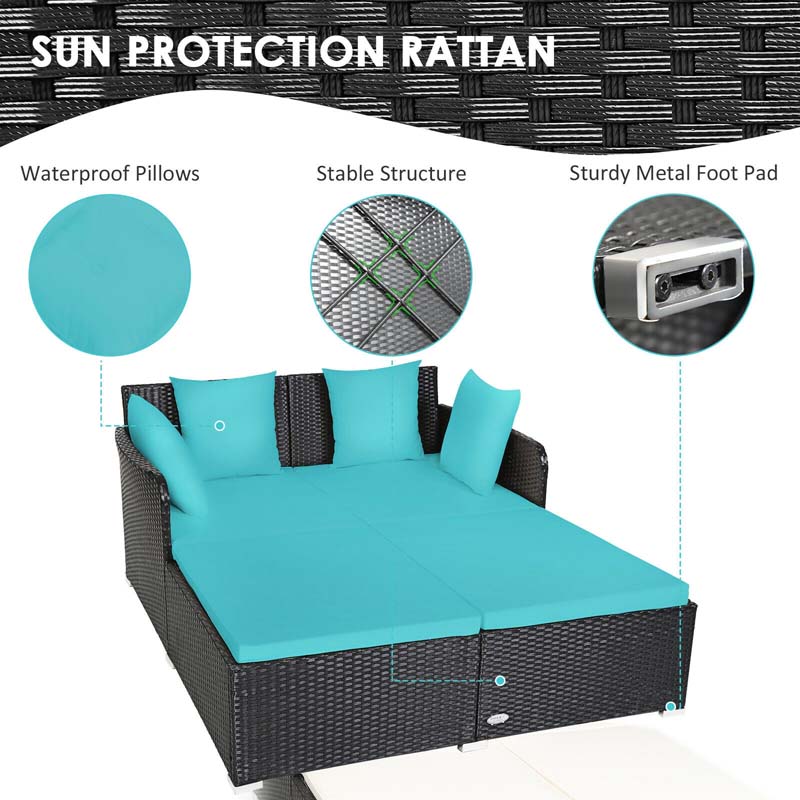 Outdoor Wicker Rattan Daybed, 2 Person Patio Chaise Lounge Chair with Cushions & 4 Pillows for Poolside Backyard Garden Balcony