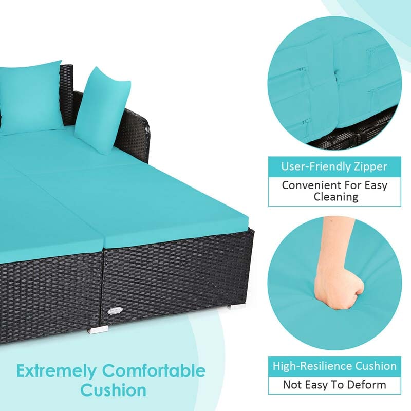 Outdoor Wicker Rattan Daybed, 2 Person Patio Chaise Lounge Chair with Cushions & 4 Pillows for Poolside Backyard Garden Balcony