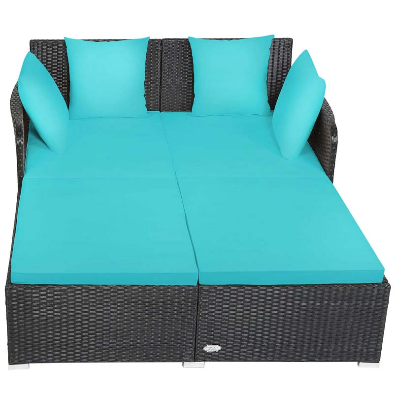 Outdoor Wicker Rattan Daybed, 2 Person Patio Chaise Lounge Chair with Cushions & 4 Pillows for Poolside Backyard Garden Balcony