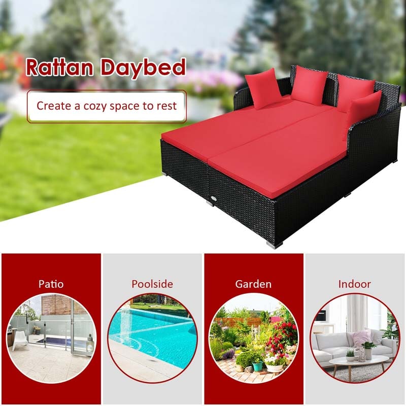 Outdoor Wicker Rattan Daybed, 2 Person Patio Chaise Lounge Chair with Cushions & 4 Pillows for Poolside Backyard Garden Balcony