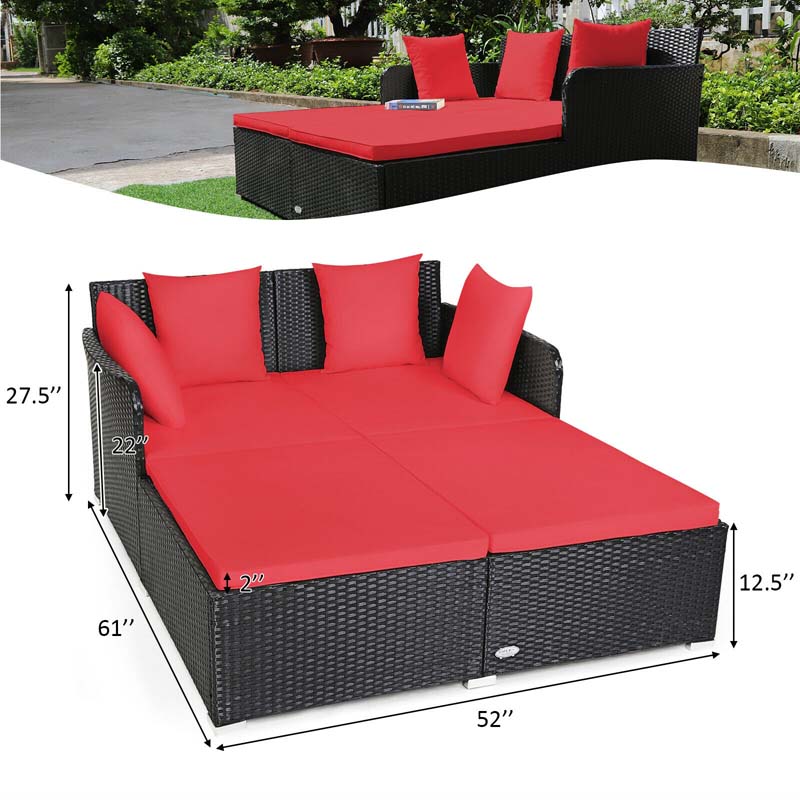 Outdoor Wicker Rattan Daybed, 2 Person Patio Chaise Lounge Chair with Cushions & 4 Pillows for Poolside Backyard Garden Balcony