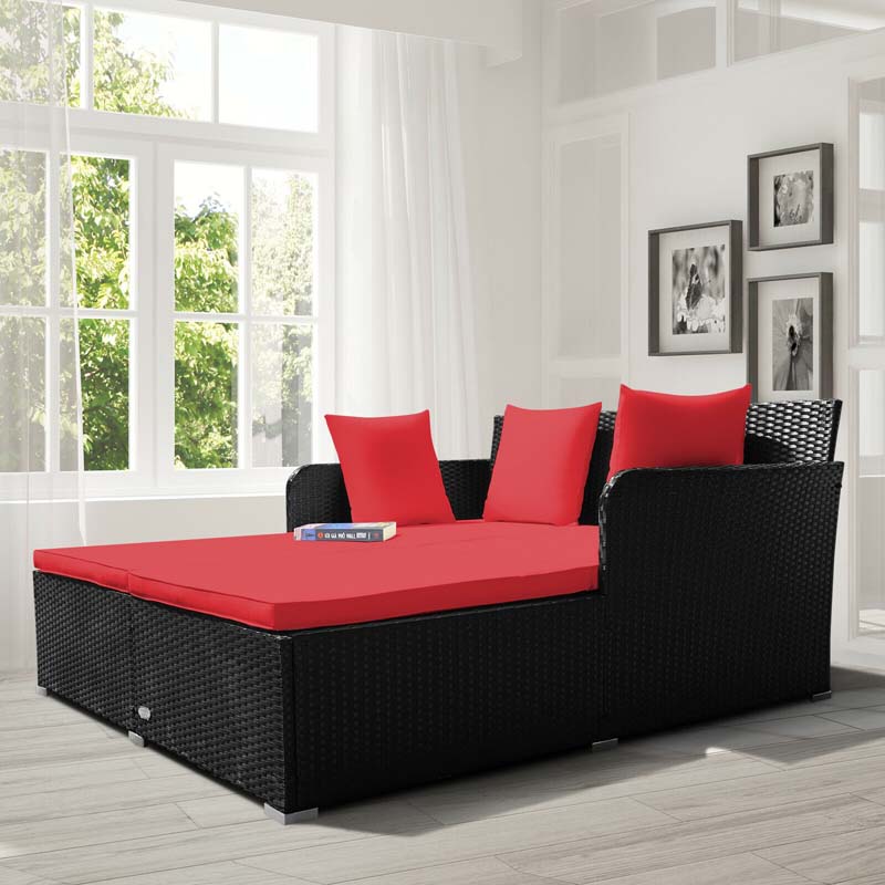 Outdoor Wicker Rattan Daybed, 2 Person Patio Chaise Lounge Chair with Cushions & 4 Pillows for Poolside Backyard Garden Balcony