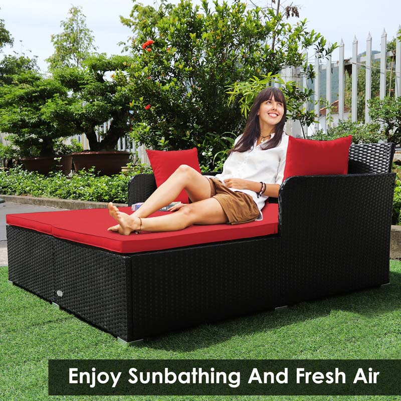 Outdoor Wicker Rattan Daybed, 2 Person Patio Chaise Lounge Chair with Cushions & 4 Pillows for Poolside Backyard Garden Balcony