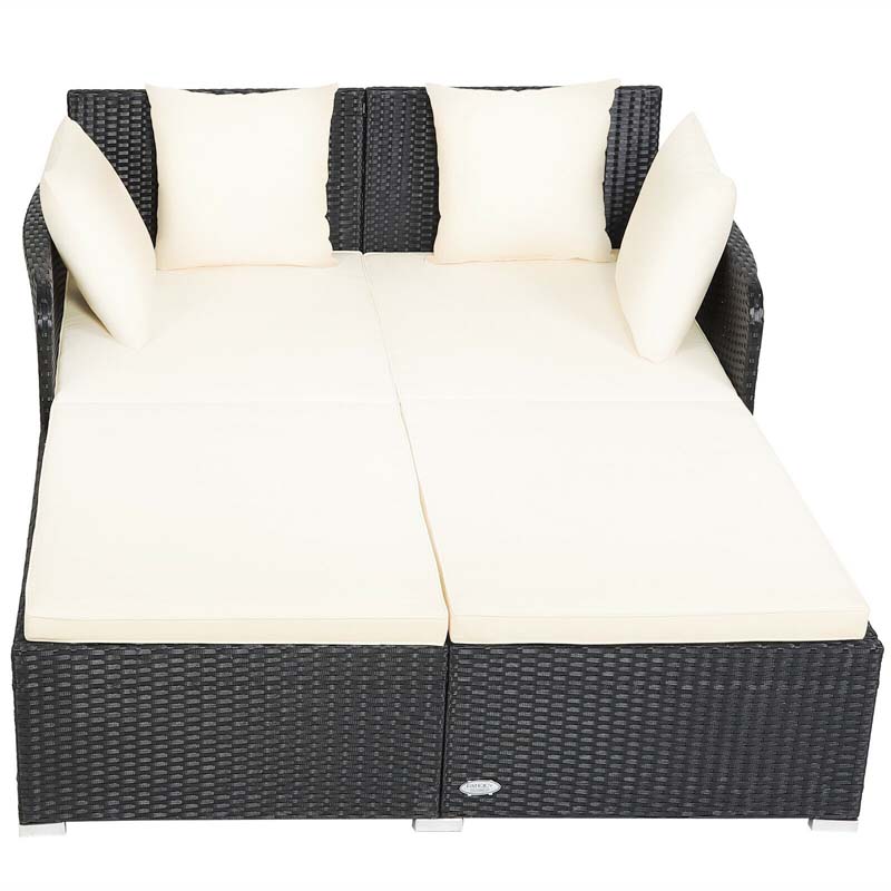 Outdoor Wicker Rattan Daybed, 2 Person Patio Chaise Lounge Chair with Cushions & 4 Pillows for Poolside Backyard Garden Balcony