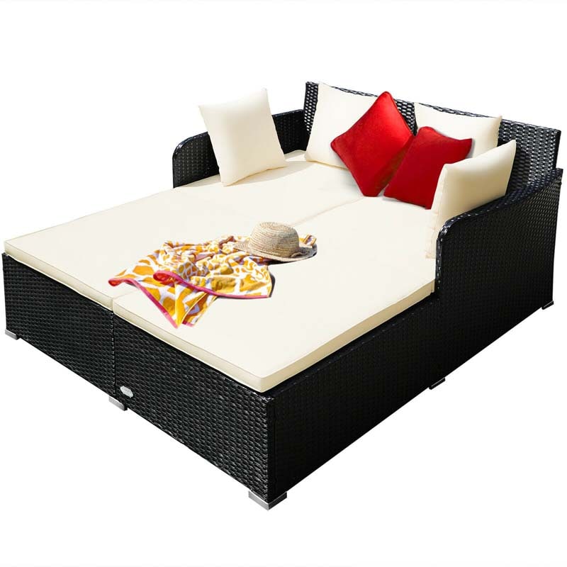 Outdoor Wicker Rattan Daybed, 2 Person Patio Chaise Lounge Chair with Cushions & 4 Pillows for Poolside Backyard Garden Balcony