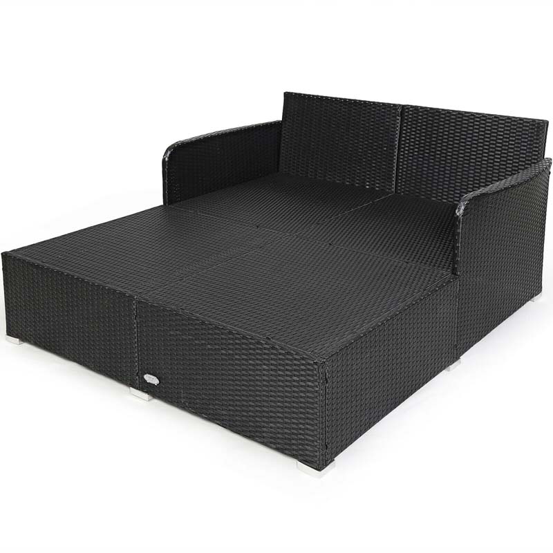 Outdoor Wicker Rattan Daybed, 2 Person Patio Chaise Lounge Chair with Cushions & 4 Pillows for Poolside Backyard Garden Balcony