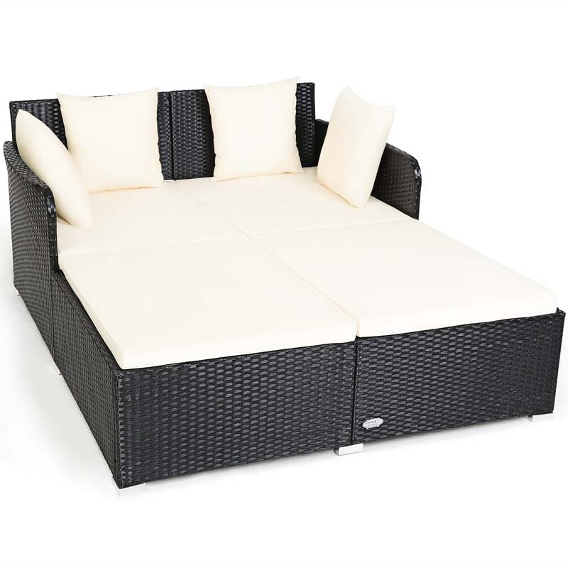 Outdoor Wicker Rattan Daybed, 2 Person Patio Chaise Lounge Chair with Cushions & 4 Pillows for Poolside Backyard Garden Balcony