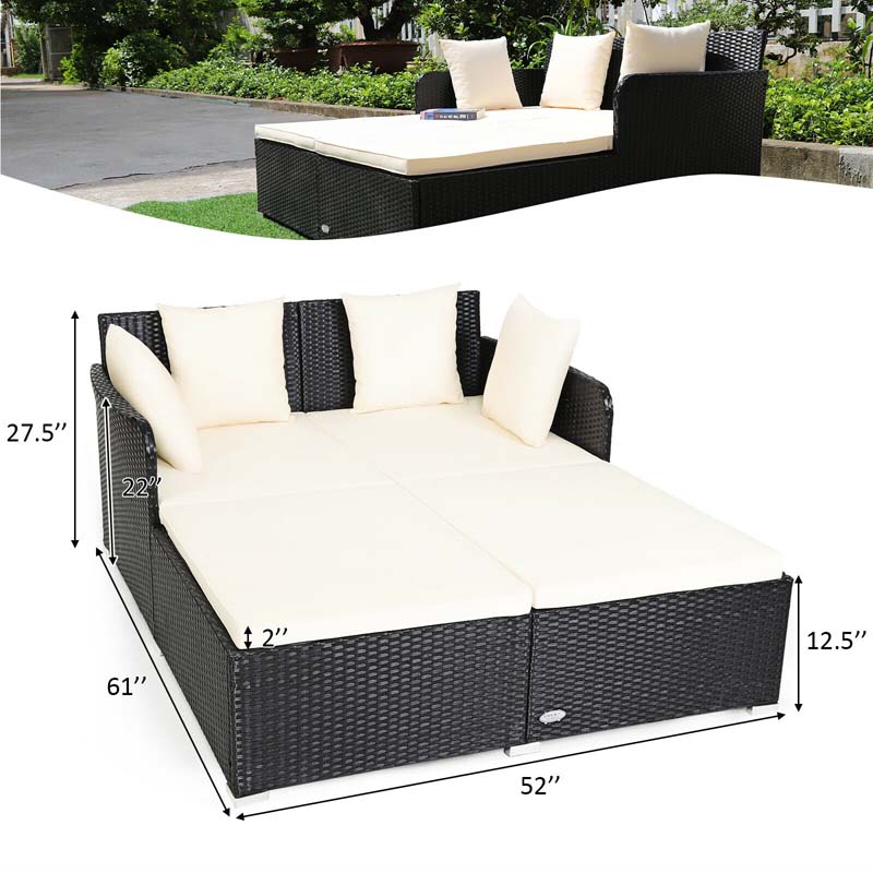 Outdoor Wicker Rattan Daybed, 2 Person Patio Chaise Lounge Chair with Cushions & 4 Pillows for Poolside Backyard Garden Balcony