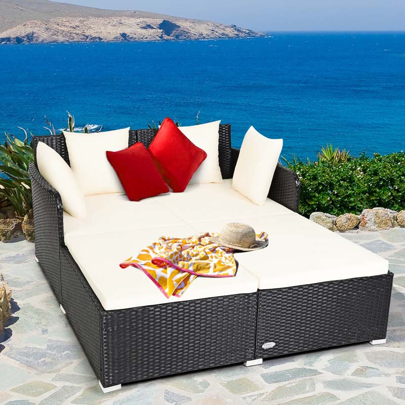 Outdoor Wicker Rattan Daybed, 2 Person Patio Chaise Lounge Chair with Cushions & 4 Pillows for Poolside Backyard Garden Balcony