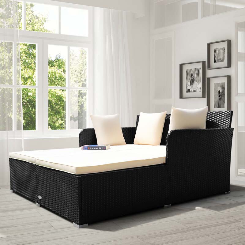 Outdoor Wicker Rattan Daybed, 2 Person Patio Chaise Lounge Chair with Cushions & 4 Pillows for Poolside Backyard Garden Balcony