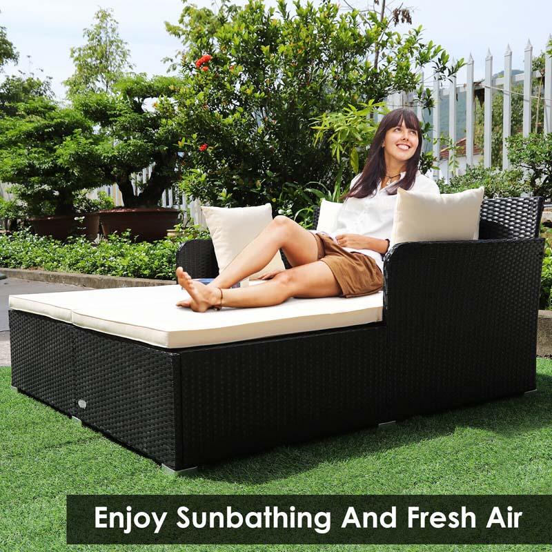 Outdoor Wicker Rattan Daybed, 2 Person Patio Chaise Lounge Chair with Cushions & 4 Pillows for Poolside Backyard Garden Balcony