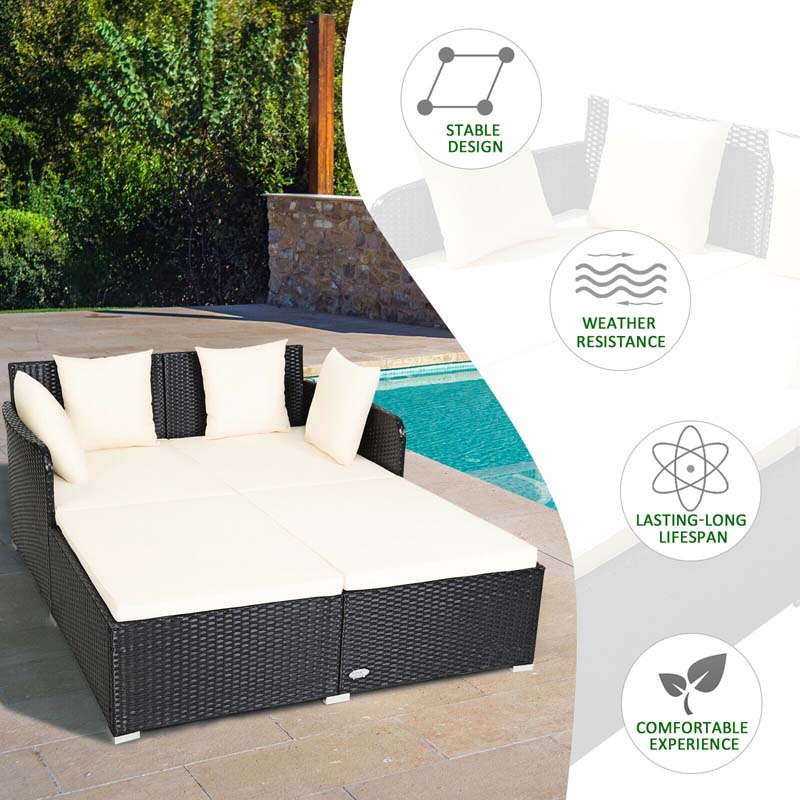 Outdoor Wicker Rattan Daybed, 2 Person Patio Chaise Lounge Chair with Cushions & 4 Pillows for Poolside Backyard Garden Balcony