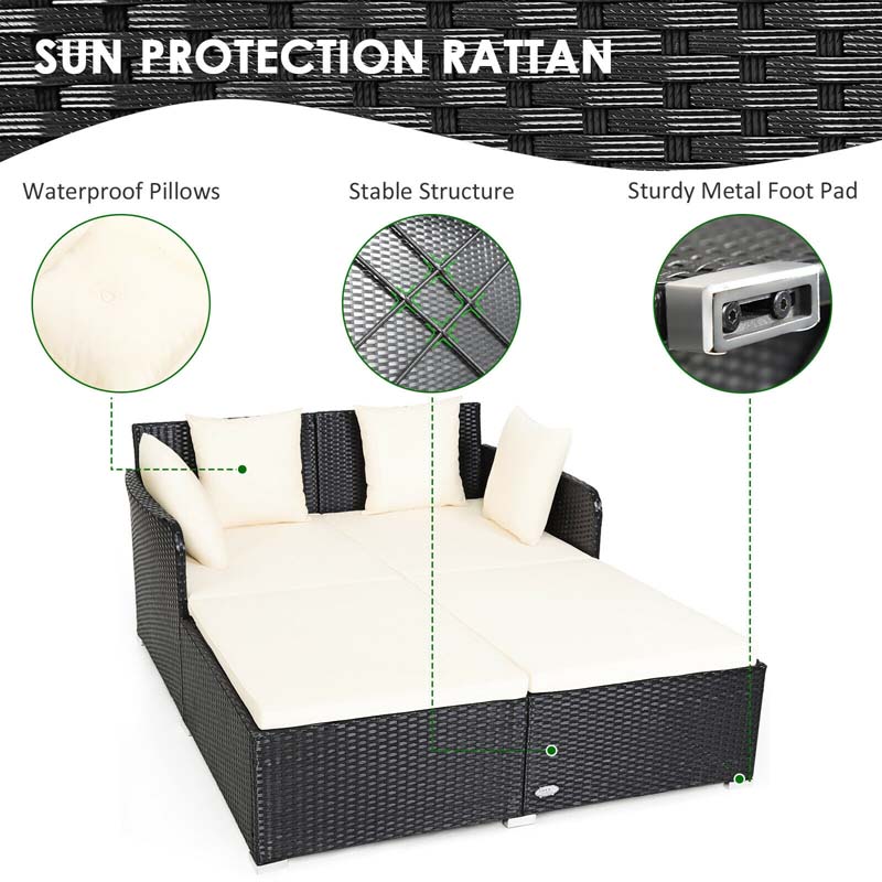 Outdoor Wicker Rattan Daybed, 2 Person Patio Chaise Lounge Chair with Cushions & 4 Pillows for Poolside Backyard Garden Balcony